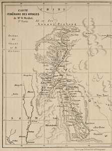 Kart over Laos og Mekong-elven som viser ruten for reisen til Henri Mouhot, illustrasjon fra Reiser i de sentrale delene av Indo-Kina (Siam), Kambodsja og Laos i løpet av årene 1858, 1859, en