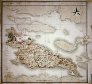 Kart over Rhode Island på tidspunktet for okkupasjonen 1780-81 av den franske hæren på ordre fra Jean-Baptiste de Vimeur (1725-1807) grev av Rochambeau