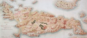Kart over Rhode Island på tidspunktet for okkupasjonen 1780-81 av den franske hæren på ordre fra Jean-Baptiste de Vimeur (1725-1807) grev av Rochambeau