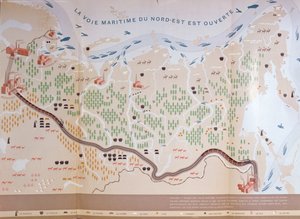 Kart over Sibir som viser de enorme naturressursene i området og viser en sjøvei som ville åpne for handel, 1933