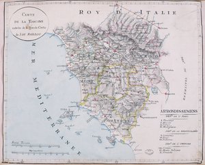Kart over Toscana, detalj av det store kartet over J. de Baillou (blyant, blekk og akvarell på papir) av French School