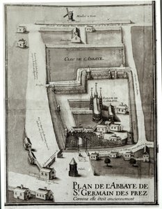 Kart over klosteret Saint-Germain-des-Pres, 1713 (blekk og gouache på papir) av French School