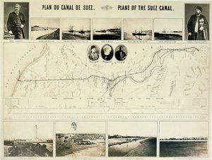 Kart over Suez-kanalen ledsaget av forskjellige visninger og portretter av Ferdinand de Lesseps (1805-94) og Ismail Pasha (1830-95) 1869