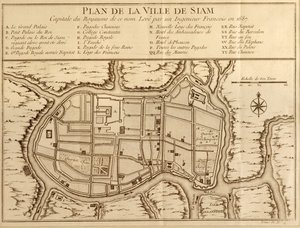 Kart over byen Siam, hovedstaden i kongeriket med det navnet etter en undersøkelse utført av en fransk ingeniør i 1687, publisert i 1751-utgaven av Histoire Generale des Voyages av Antoine Prevost