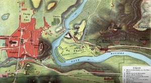 Kart over landet Lourdes i 1877: det viser beliggenheten til Bernadette Soubirous sitt hus, hulen der hun ville ha sett Jomfru Maria, samt basilikaen, karmelittenes og benediktinernes klostre og bispepalasset. Høy Pyren av French School