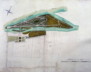 Kart over hagen til Moulin Joly. Plate med atlas over planer for territoriet til Colombes (1780), bevart i nasjonalarkivet. av French School