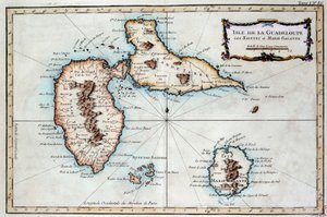 Kart over øya Martinique, øya Saintes og øya Marie Galante i Vestindia. Gravering av Chartres fra 1800-tallet, Musee des Beaux Arts av French School