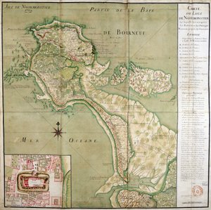 Kart over øya Noirmoutier ledsaget av et kart over slottet, laget i 1769. av French School