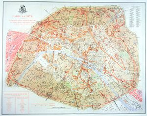 Kart som viser omfanget av arbeidet under Haussmann-perioden med utvikling i Paris fra 1854-71, 1871