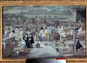 Fjærkre- og brødmarsj, quai des Grands Augustins i Paris i 1660. Anonymt fransk maleri av French School
