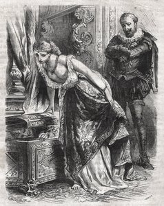 Marguerite de Valois (1553-1615), known as Queen Margot, hides Julien de Leris, her lover, in a safe. Her husband, King Henry IV of France (1553-1610), observes the scene with fun. 16th century. Engraving from 1871 in “Histoire Des Cocuses Celebres”” by He av French School