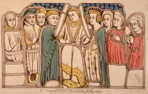 Ekteskap mellom Henrik VI av England (1421 - 1471) og Margarita av Anjou (1429 - 1482) i 1445. Gravering fra 1793. Bibl. av Arts Deco i Paris. av French School
