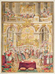 Ekteskap med Dauphin av Frankrike (fremtidig Ludvig XVI) med erkehertuginne Marie-Antoinette i kapellet i Versailles 16. mai 1770 av French School
