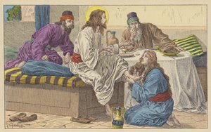Maria Magdalena ved Jesu føtter (farge litho) av French School