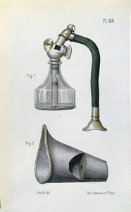 Maske for å administrere eter for å bedøve en pasient, fra en medisinsk manual av Jean-Baptiste-Leon Dubreuil av French School