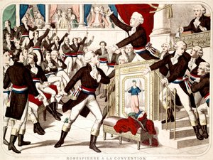 Maximilian Robespierre på konvensjonen (Seance of 19 Thermidor 1794), Jean Lambert (Jean-Lambert) Tallian truer Robespierre med en kniv - Populær gravering av perioden av French School