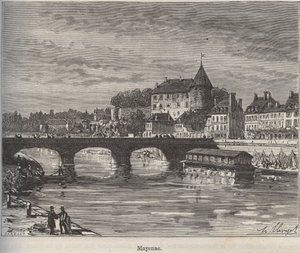 Mayenne er en kommune i Vest-Frankrike i regionen Pays de la Loire - gravering i «La France illustree: geography, history, administration statistique» av V.-A. Malt-brun. 1884 av French School