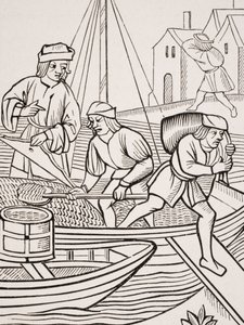 Å måle salt, etter et tresnitt i 'Ordonnances de la Prevoste des Marchands de Paris', 1500, fra 'Le Moyen Age et La Renaissance' av Paul Lacroix (1806-84) utgitt 1847 av French School