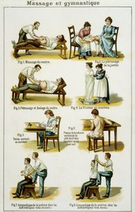 Medisinbrett som illustrerer massasjer og gymnastikk (trekk fra Bilz, naturlig medisin) sent på 1800-tallet. av French School