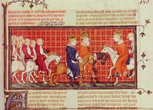 Møte mellom Charles V (1338-80) av Frankrike og den hellige romerske keiser Charles IV (1316-78) Akkompagnert av romernes konge, fra Grandes Chroniques de France av French School