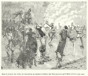 Medlemmer av Basaoche, et laug av advokatfullmektiger, som feirer en festival på gatene i en fransk middelalderby (gravering) av French School