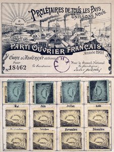 Medlemskort for det franske arbeiderpartiet under ledelse av Jules Guesde (1845-1922) 1901 av French School