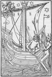 Merchant ship of the Middle Ages amidst the perils of the sea. Engraving In “La Marine et les colonies: commerce” av French School