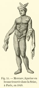 Merkur, bronsefigur funnet i Seinen, Paris, i 1849 (gravering) av French School