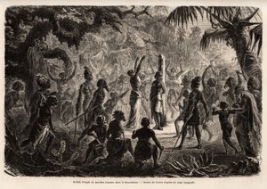 Meriah Pujah eller menneskeoffer, Khondistan (Engelsk-India). Tegning av Fuchs, for å illustrere major John Campbells studie av menneskeofringer i engelsk India av French School
