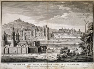 Meridional utsikt over klosteret Saint Germain des Pres og Louvre i 1410 - gravering av French School