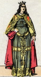 Merovingerdynastiet: Portrett av dronning Clothildes kone til Dagobert III (699-715). Epinal avbildning fra slutten av 1800-tallet. Privat samling. av French School