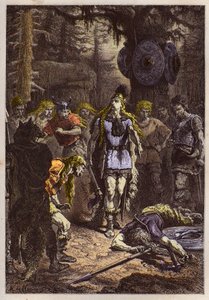 Merovingiens: Clovis 1er skjøt ned soldaten som hadde knust vasen til Soissons, en 486 - Clovis (465-511) og den frankiske krigeren som knuste vasen til Soissons i 486 - gravering fra "" L