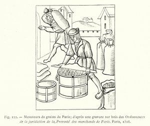 Paris kornmålere; etter et tresnitt fra Ordannances de la Jurisdiction de la Prevoste des Marchands de Paris, Paris av French School