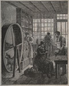 Metier og håndverker: en bestikkbutikk i provinsen på 1800-tallet. Gravering fra 1885 i "" Les arts et metiers illustres"" av Adolphe BITARD. av French School
