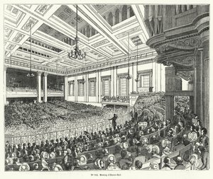 Møte av Anti-Corn Law League i Exeter Hall, London av French School