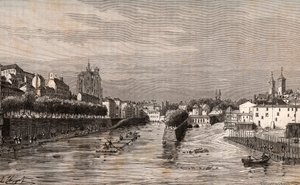 Metz - utsikt over havnen Saint-Georges - Mosel - gravering i "La France illustrée: geografi, historie, statistisk administrasjon" av V.A. Malt-Brown. 1884 av French School