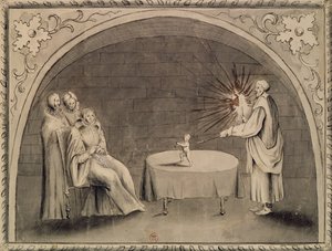 Michel de Nostradame (1503-66) og Catherine de Medici (1519-89) 1559 (penn og blekk og vask på papir) av French School