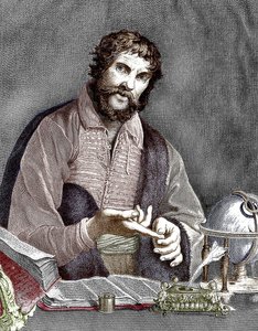 Michel de Nostredame, aka Nostradamus (1503-1566) fransk astrolog og lege, gravering, fargelagt dokument av French School