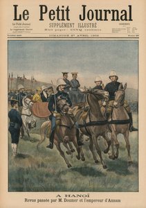 Militær anmeldelse av Paul Doumer, generalguvernør i Fransk Indokina, og keiser av Annam, Thanh Thai, i Hanoi, forsideillustrasjon fra Le Petit Journal, Supplement Illustre, 27. april 1902 (