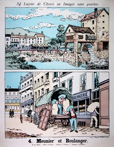 Miller og Baker, illustrasjon fra en barneskolelærebok, ca. 1900 (farge litho) av French School