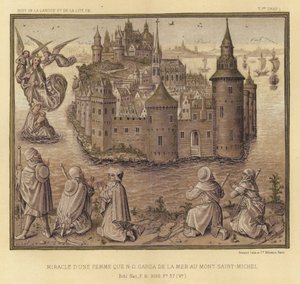 Mirakel av en kvinne som ND Garda fra havet til Mont Saint-Michel (farge litho) av French School