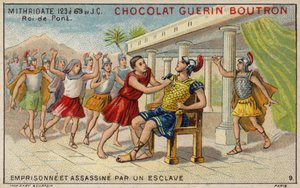 Mithridates VI av Pontus fengslet og myrdet av en slave (chromolitho) av French School