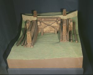 Modell av konstruksjonene til Julius Caesar (101-44 f.Kr.) foran Avaricum (Bourges) i 52 f.Kr. av French School