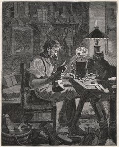 Moderne bruk av en skomaker av Pila Vitrea. Glasskule fylt med vann som skal plasseres mellom en person og objektet de tenker på for å forstørre den og gjøre den mer synlig. Gravering fra 1885 i "" Les arts et metiers illustres"" av A av French School
