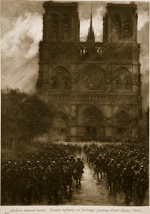 Moderne stridsmenn: Fransk infanteri på permisjon forbi Notre Dame, Paris, 1914-19 av French School