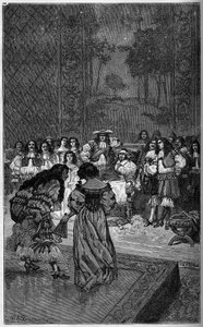 Moliere og troppen hans spiller før kong Louis XIV og kardinal Jules Mazarin (Giulio Raimondo Mazzarino eller Mazarino) (1602-1661). Gravering i "The Illustrous World"" 1886. av French School