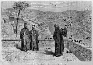 Munk mater fugler, klosteret Marsaha, fra Syria i dag. Reiser i Fønikia, Libanon og Judea. 1875-1880 av Louis Charles Emile Lortet, 1884 (bw gravering) av French School
