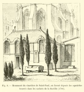 Monument på kirkegården i Saint-Paul, hvor skjelettene som ble funnet i fangehullene i Bastillen ble deponert, 1790 av French School