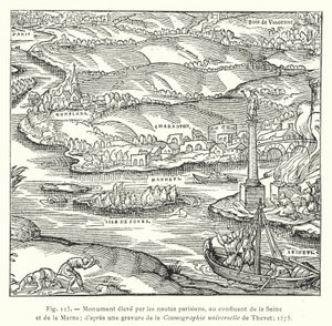 Monument reist av parisiske sjømenn, ved sammenløpet av Seinen og Marne; etter en gravering av Thevets Universal Cosmography; 1575 (gravering) av French School