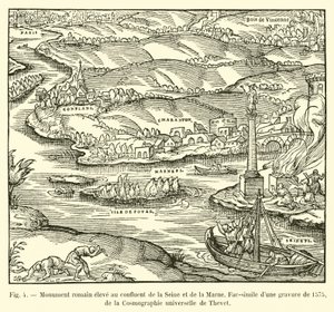 Romersk monument reist ved sammenløpet av Seinen og Marne, faksimile av en gravering fra 1575, fra Cosmographie universelle av Thevet av French School